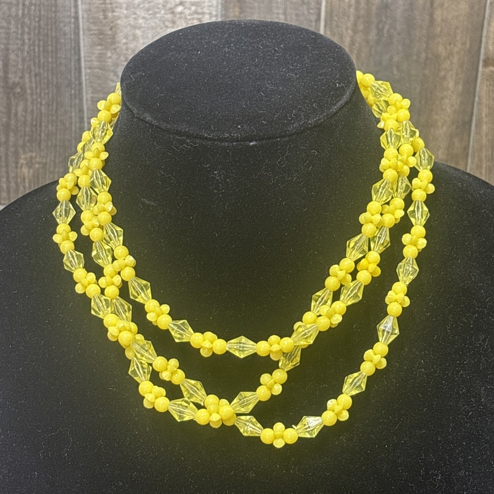 Vintage Hong Kong Yellow Acrylic Bead Necklace 3 Strand Bib Choker Retro